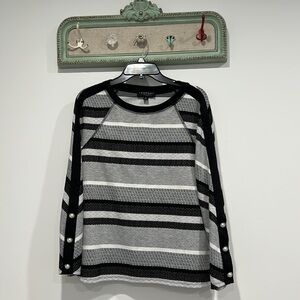 Laundry Shelley Segal striped pearl button pull over sweater black gray